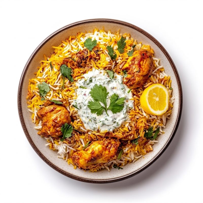 Chicken dum biryani with raita, coriander, and lemon