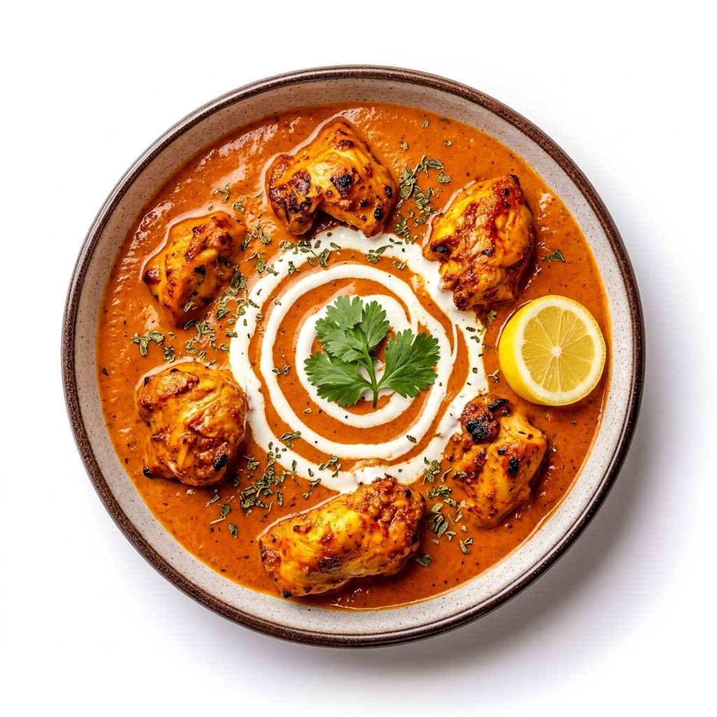 Creamy butter chicken garnished with coriander and lemon