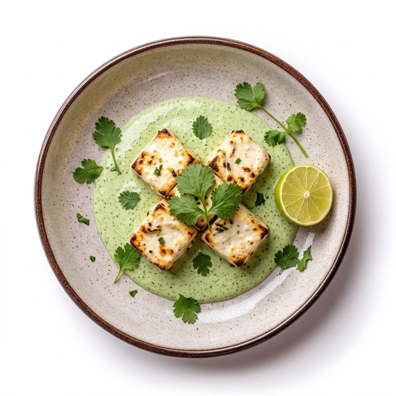 Malai paneer tikka served over a creamy green sauce
