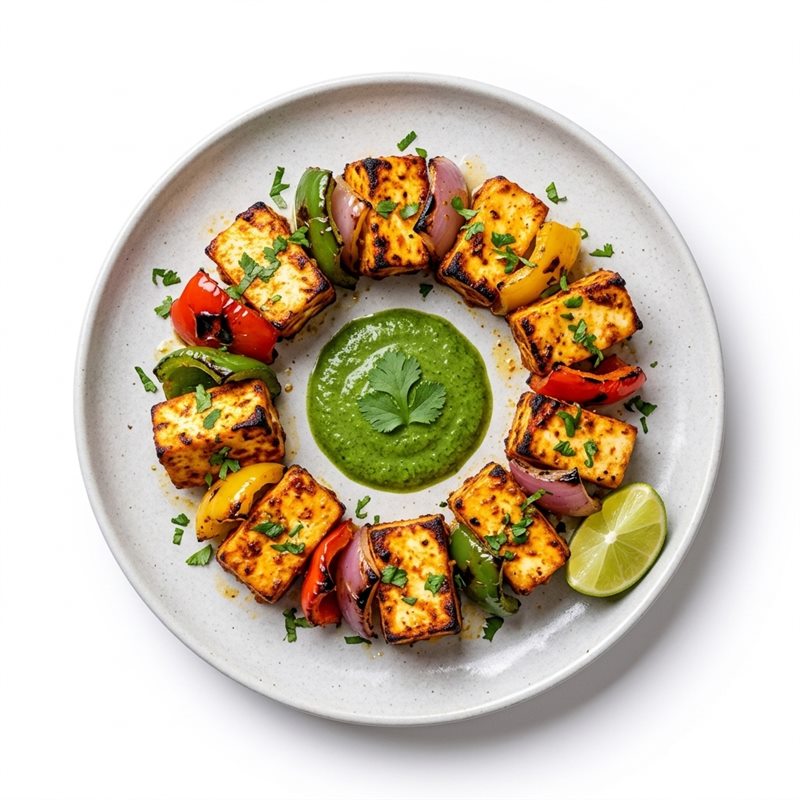Charred paneer tikka with peppers, onions, and mint chutney