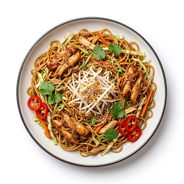 Chicken chow mein with vegetables and herbs